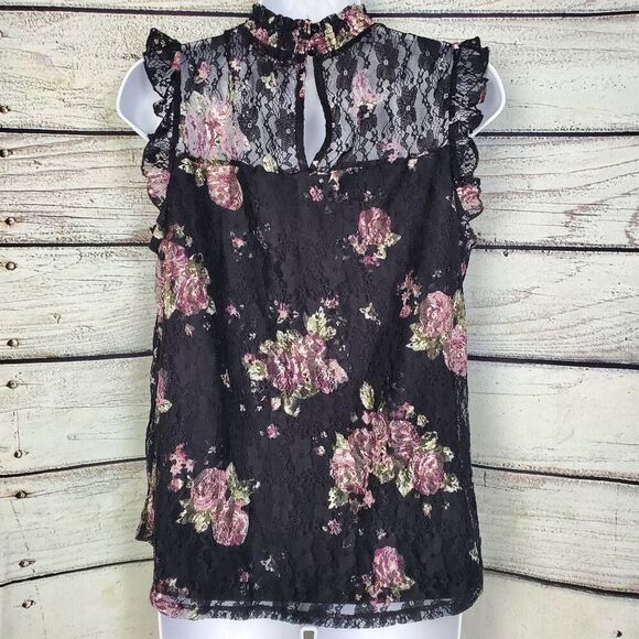 Crave Fame by Almost Famous Women’s Large Black Floral Lace Sleeveless Ruffle Bl - Picture 4 of 7